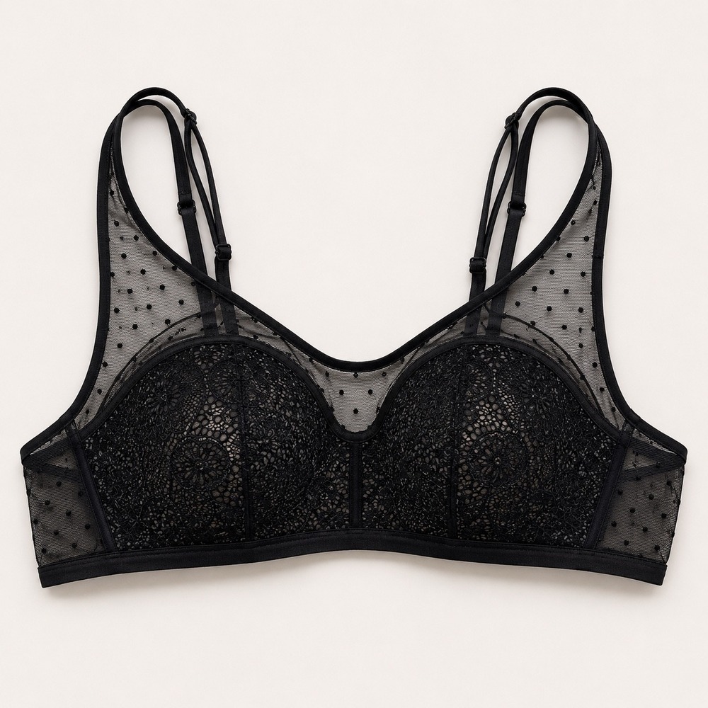 Victoria's Secret Black Lace Polka Dot Mesh Bralette Bra XS Coquette Soft Goth